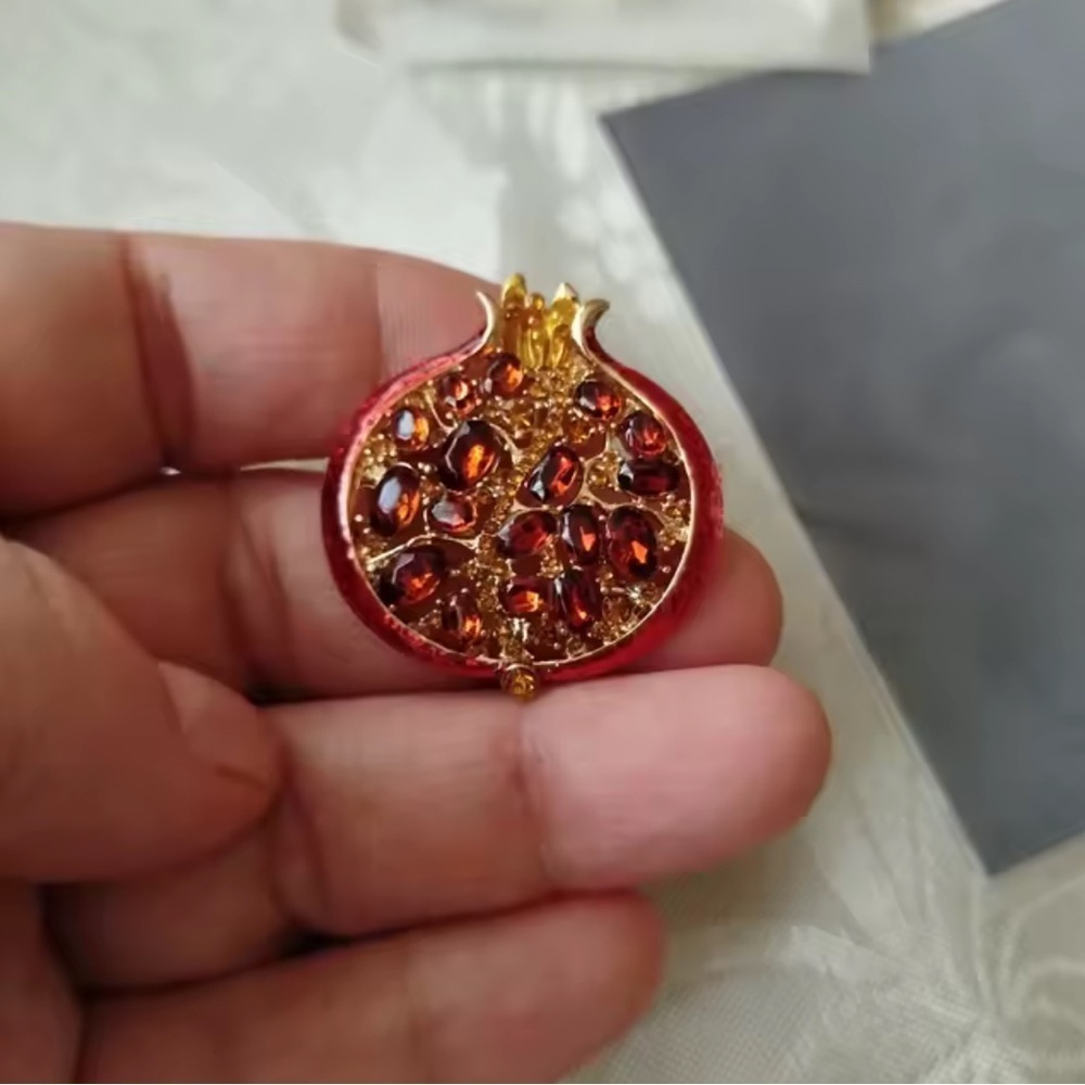 Ruby Red Pomegranate Crystal Gold Brooch - Picture 8 of 12